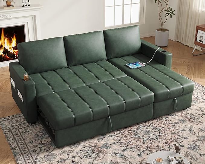 Fadware 89” L Shape Sofa Sleeper Sectional Sofa Bed with Hidden Storage&amp Side Pocket Anti-scratch Faux Leather Couch Bed with ChargePort&amp CupHolder Modern Piano Design Pull Out Couch for Li