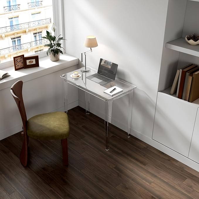 HMYHUM Small Acrylic Computer Desk 35.4 Inch Clear Study Desk for Home Office Writing Vanity Modern Easy Assembly 19.7 W x 29.5 H Right-Angle Legs Design