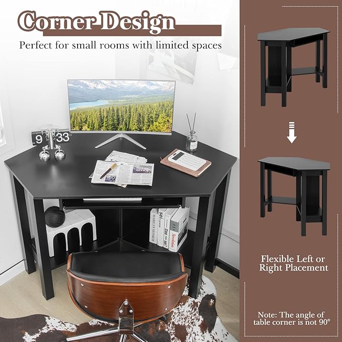 Tangkula Corner Desk with Keyboard Tray Triangle Corner Computer Desk for Small Space Bedroom Corner Makeup Vanity Desk with Storage Shelves Space Saving Corner Writing Desk