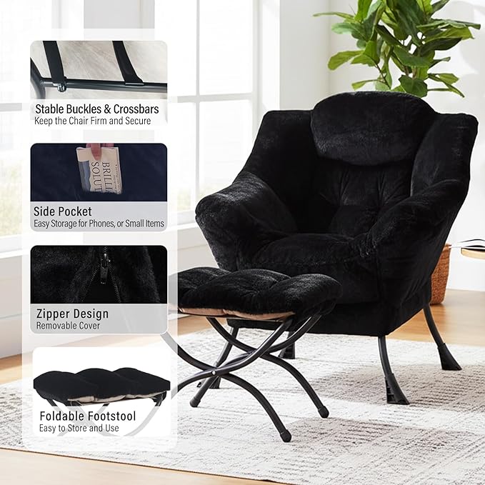 Lazy Chair with Ottoman Modern Accent Chair with Armrests and a Side Pocket Plush Black Accent Chairs Reading Chairs Oversized Armchairs for Bedroom Study Living Room Courtyard