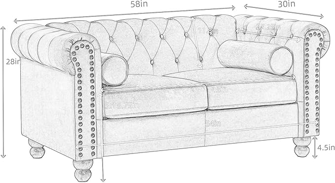 Air Leather Tufted Loveseat Couch Rolled Arm 2-Seater Sofa with Nailhead Trim and 2 Neck Roll Pillows Living Room Small Apartment Office Décor Brown