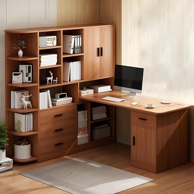 LITFAD Stylish Credenza Desk with Wood Pedestal Base and Exterior Shelving L-Shape Computer Desk Modern Office Desk for Office Home - Without Chairs Brown 47.2 L x 48.4 W x 57.1 H