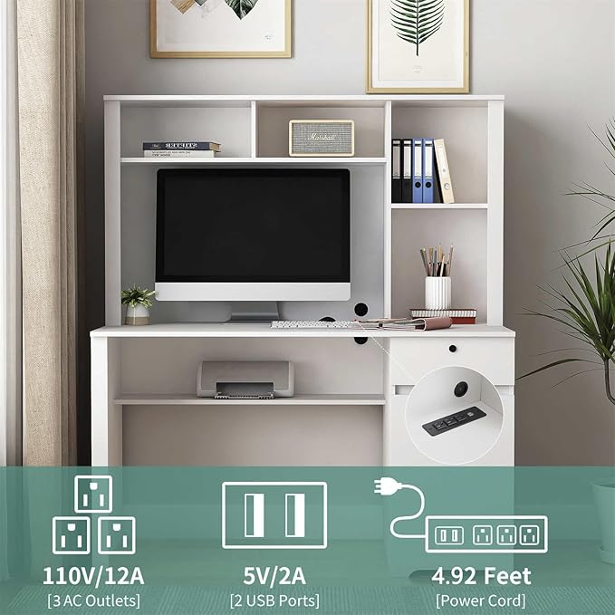 VERYKE Home Office DeskComputer Desk with Hutch and DrawerWriting Desk with 3 AC OutletModern Office Desk with 2 USB Charging Ports for Study RoomLiving Room (White)