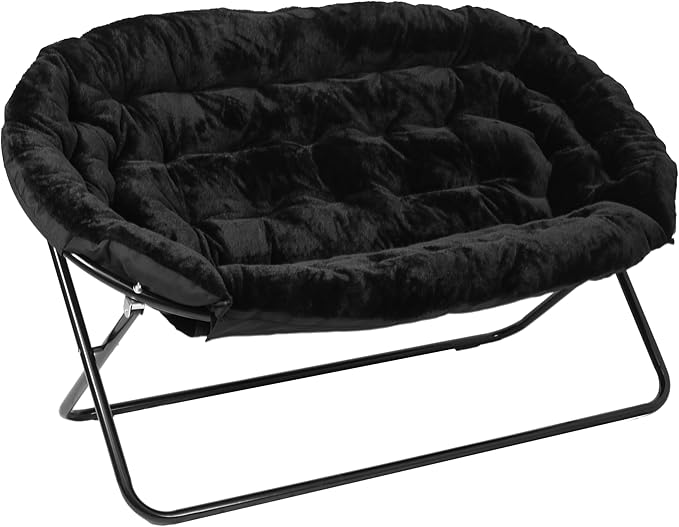 BizChair 56 Portable Folding Double Saucer Chair in Black Faux Fur with a Black Steel Frame for Dorm Living Room or Bedroom