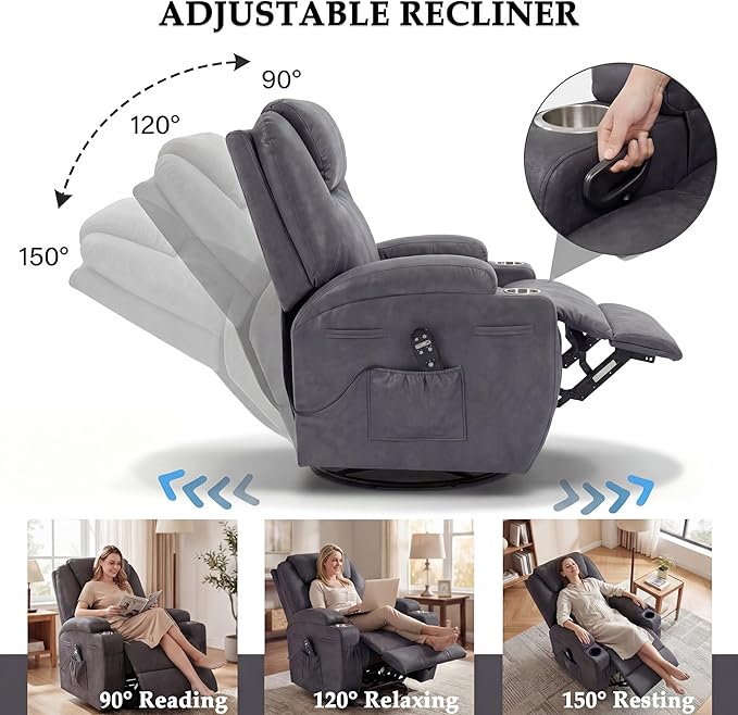 Flamaker Swivel Rocker Recliner for Adults 360 Glider Rocking Chair with Vibration Massage Upholstered Recliner Chair with 2 Cup Holders &amp Side Pockets for Living Room Nursery (Leathaire Grey)