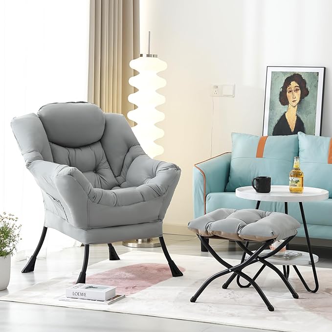 Lazy Chair with Ottoman Modern Accent Chair Contemporary Leisure Sofa Chair with Armrests Reading Chair and Folding Footstool Set for Living Room Bedroom Office White Grey