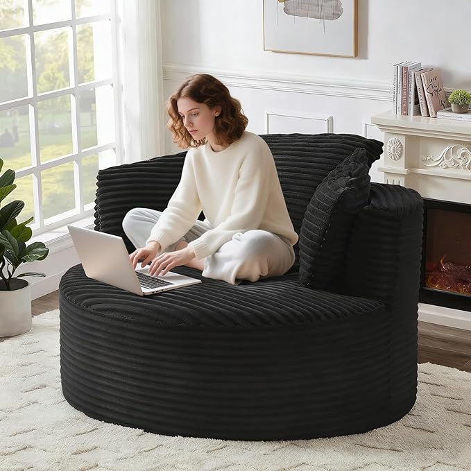 Round Chair Lounge Chaise Indoor 48.8 Oversized Sofa Chair Upholstered Corduroy Deep Seat Sleeper Sofa Bed No Assembly Required for Living Room Bedroom Apartment Black