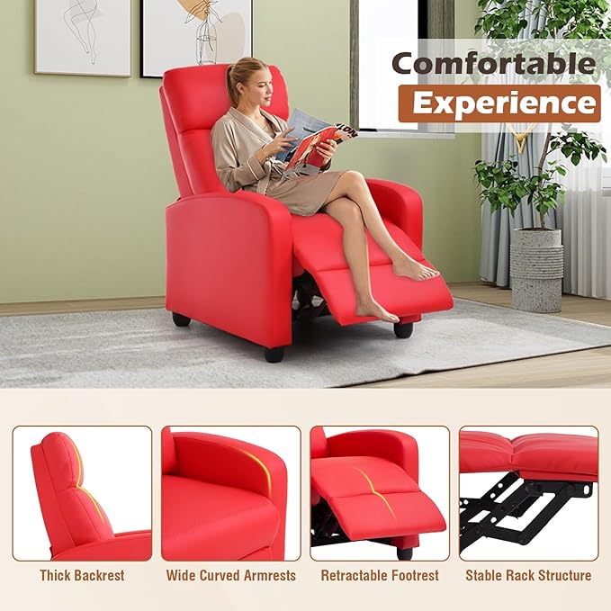 BestMassage | Recliner Chair | No Massage Function | Pu Red | with Lumbar Support Adjustable Push Back Wide Armrests Footrest &amp Padded Seat | Easy Assembly | for Living Room Home Theatre