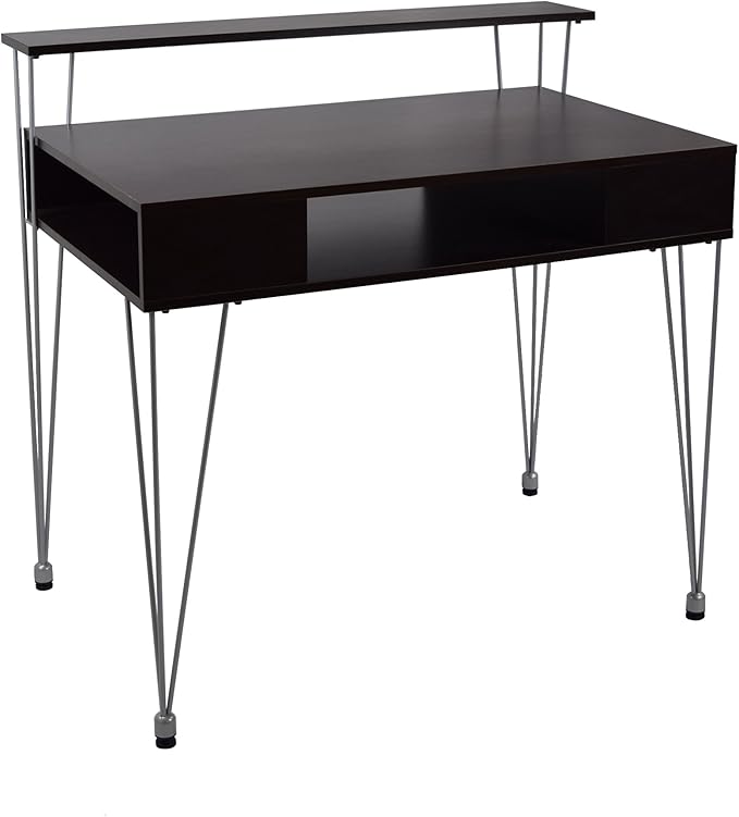 Proman Products Marcus Jr. Modern Home Office Desk with Storage – Functional Computer Writing Desk with Dual Side Compartments Large Hidden Storage Raised Display Shelf