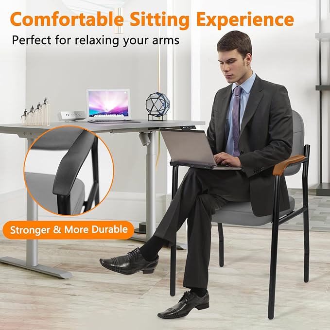 CLATINA Leather Guest Chair No Wheels Office Reception Chair with Armrests and Lumber Support Ergonomic Desk Armchair for Meeting Waiting Conference Lobby Room Shool Grey 1PK