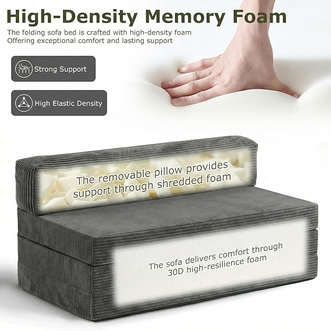 5-in-1 Convertible Sofa Bed Boneless Loveseat Sleeper Tri-fold Futon Sofa Bed with Removable Cushions &amp Washable Cover Pull Out Couch with Handle for Small Spaces Queen Size Grey