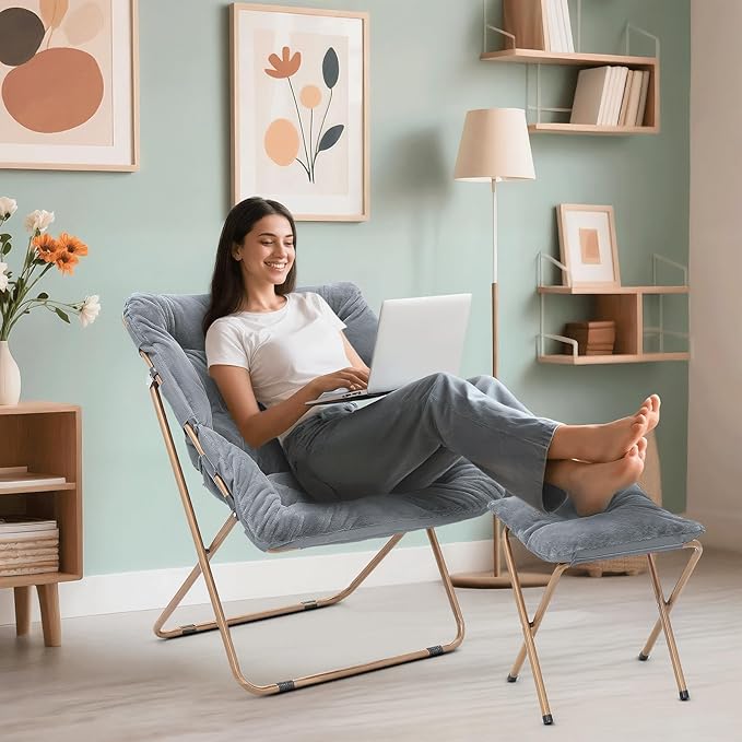 Cozy Saucer Chair Living Room Chair Faux Fur Soft Thick Padded Folding Chair Comfortable Square Moon Chair for Living Room Bedroom Reading Nook Modern Style 2 Pack Gray