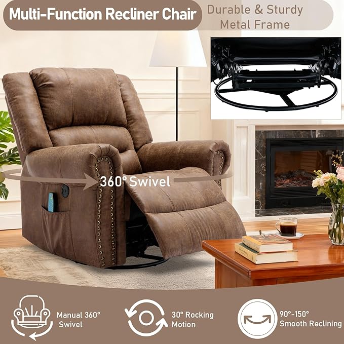 Manual Swivel Rocker Recliner with Heat and Vibration 360° Swivel Glider Rocking Recliner Ergonomic Lounge Massage Recliner Chairs with Side Pockets &amp USB Ports Nut Brown