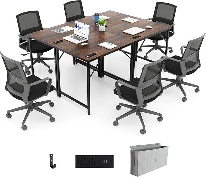 32 Inch Computer Desk Set of 4 Modern Writing Desk with Heavy-Duty Metal Frame Storage Bag &amp Charging Station Rectangular Home Office Workstation Table for Conference Study &amp Meeting Room