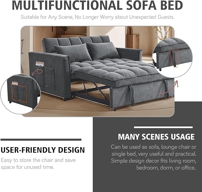 3 In 1 Velvet Convertible Sofa Bed Pull Out Couch Bed with Reclining Backrest And 2 Pillows 54 Full Size Loveseat Sleeper Sofa Futon Couch Beds Couches For Small Spaces Living Room (Medium Grey)