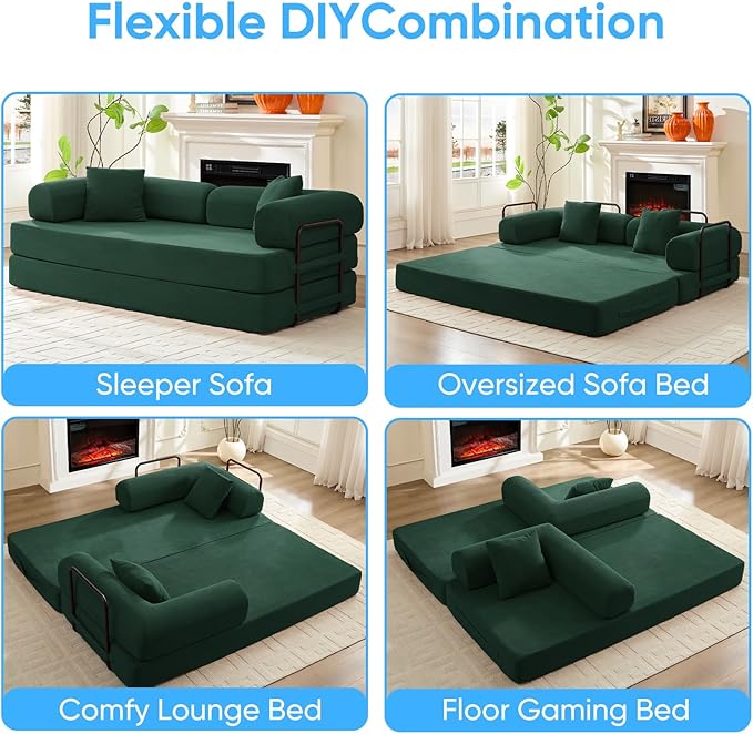 Mjkone 78.7 W Convertible Folding Mattress Couch with Armrest Corduroy Floor Sofa Bed with Metal Fixed-Shape Frame 5-in-1 DIY Futon Lazy Sofa Cama Lounge Couch for Living Room Bedroom Studio Green