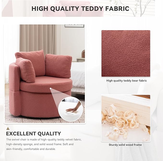 FOXHUNTER Swivel Barrel Chair 360 Degree Swivel Round Storage Chair with 3 Pillows Oversize Teddy Swivel Accent Chair Comfy Single Sofa Chair for Nursery Living Room Bedroom (Pink)