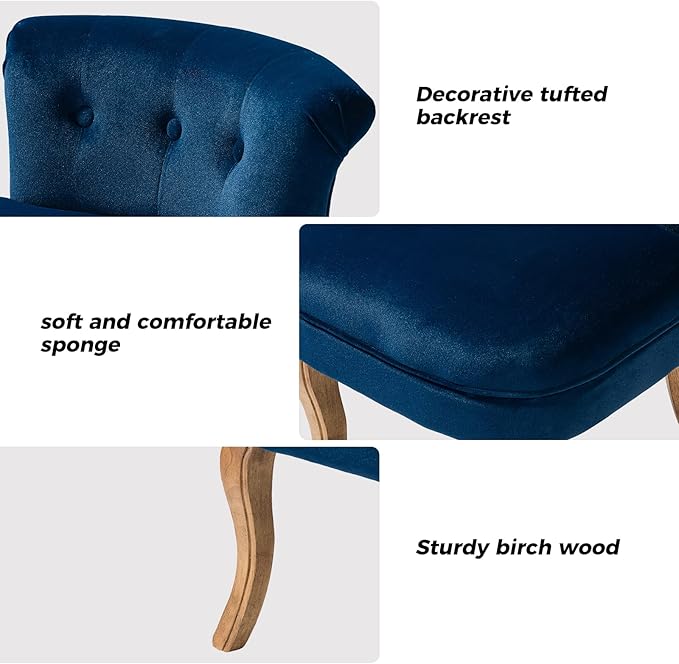 HULALA HOME Velvet Vanity Stool with Low Back Modern Vanity Chair with Solid Wood Legs Small Upholstered Makeup Chair Home Decor for Bedroom Living Room Dressing Table Women Girls Navy