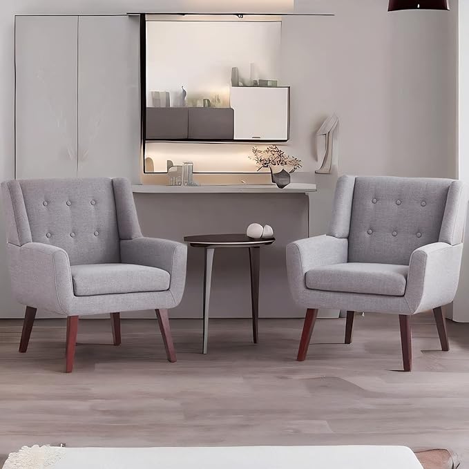 HUIMO Accent Chair Set of 2 Arm Chair Button Tufted Upholstered Reading Chair Linen Fabric Mid Century Modern Chairs for Bedroom Living Room Chair(2Light Grey)