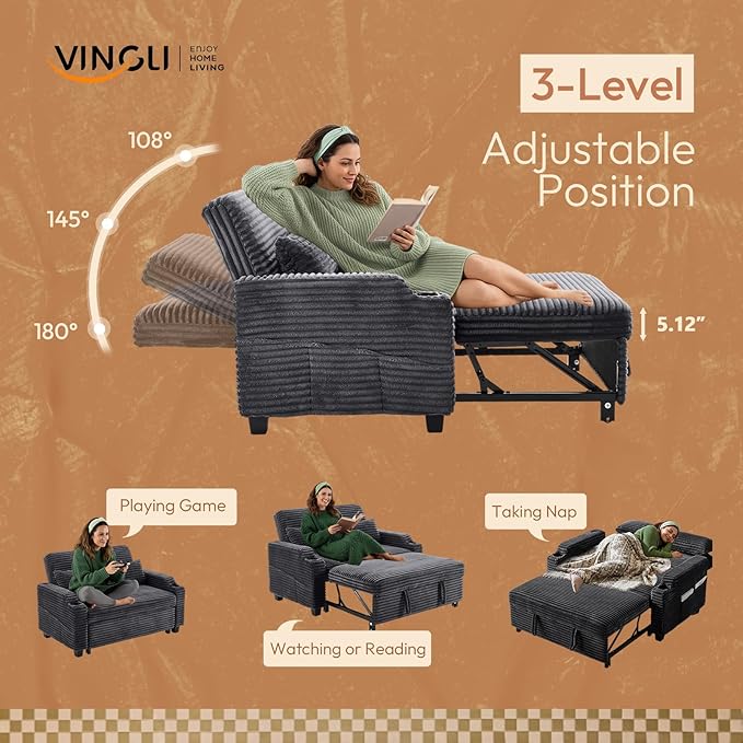 VINGLI Dark Gray Futon Sofa Bed Convertible Loveseat Sleeper Sofa Couch Corduroy Pullout Sofa Fold Out Couch Bed with USB Ports Cup Holders Armrest for Living Room Bedroom Apartment Room | Loveses