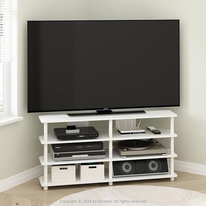 Furinno ECON TV Stand 4-Tier Corner Entertainment Center TV Console for TV up to 55 Inch Easy Assembly for Living Room Bedroom White