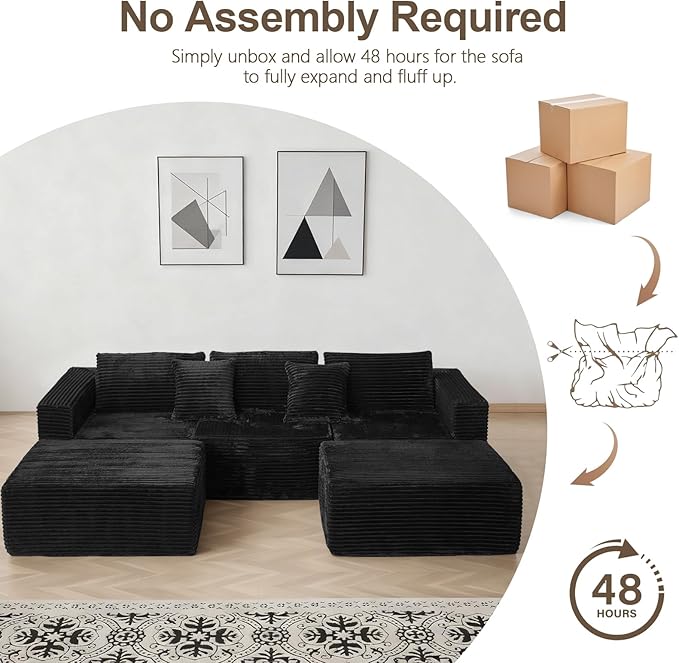 110 Boneless Couch with 2 Ottomans Corduroy U-Shaped Modular Cloud Sofa with Deep Seats Ergonomic Memory Foam Couches for Living Room No Assembly Sectional Sofas 5 Seater Black