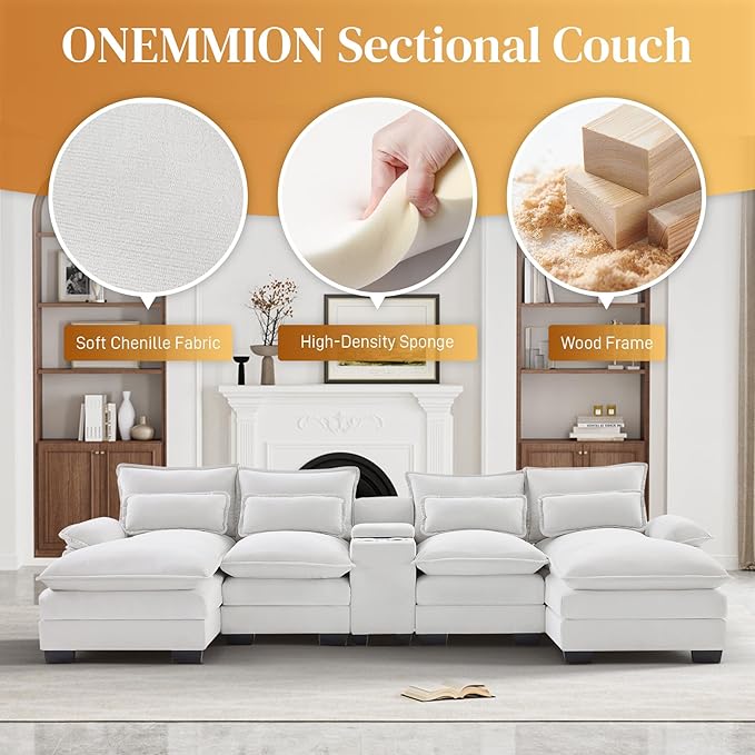 124 Oversized U Shaped Cloud Couch Modular Sectional Couches for Living Room Comfy Chenille Deep Seat Sofa Set with Double Chaise Lounge Storage Central Console Cup Holders USB Port Beige