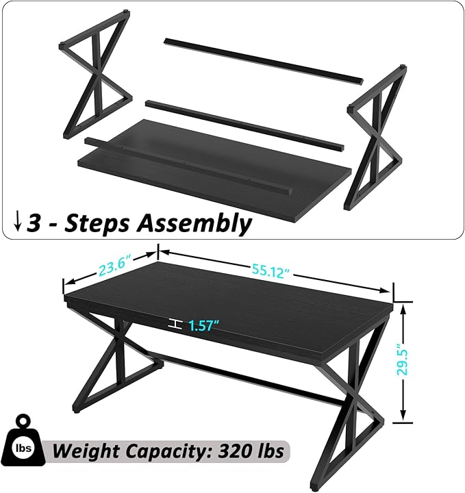 IBF 55 Inch Black Home Office Desks Modern Computer Desk for Writing Study Wood Metal Simple Gaming Work Table for Bedroom Industrial Wooden Pc Workstation Executive Desk Black Oak