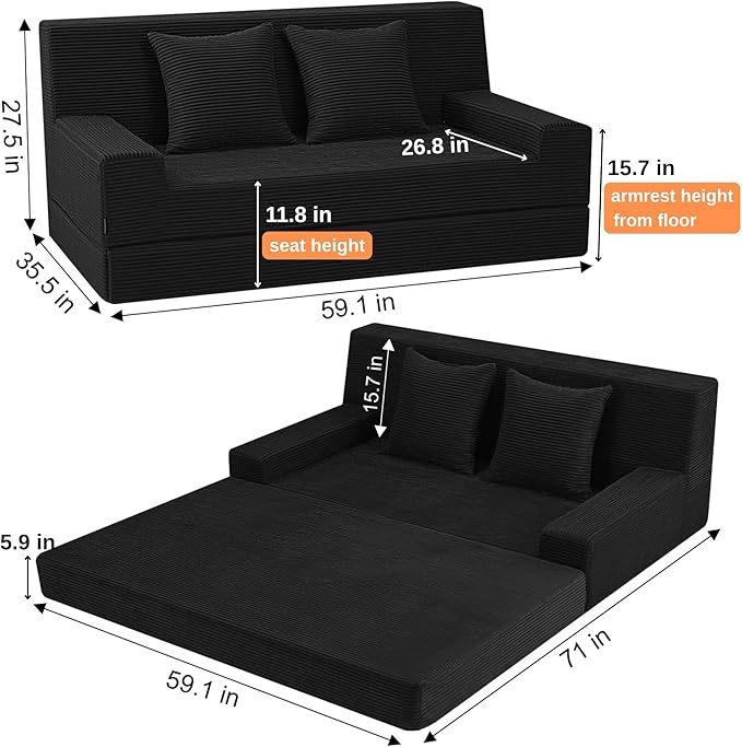 MeMoreCool Boneless Folding Sofa Bed Queen – Corduroy Convertible Futon Couch 2-in-1 Floor Sleeper with Foam Support Detachable Pillow &amp Washable Cover for Living Room Guest Room Apartment