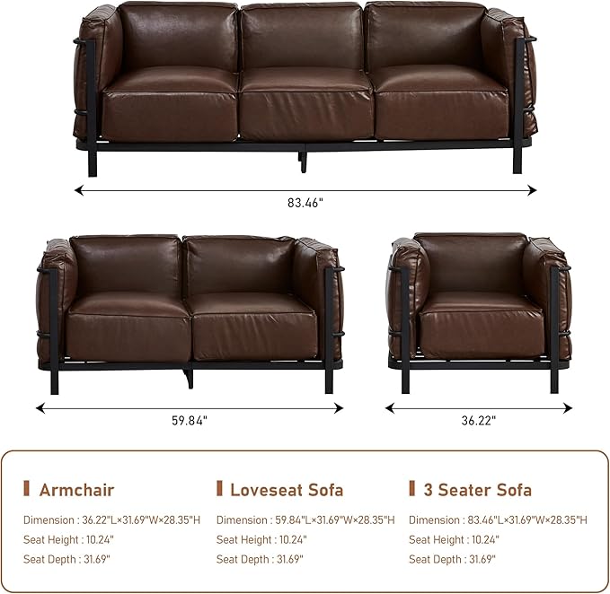 Minimalist Style 3 Seater Sofa Mid-Century Modern Faux Leather Sofa Couch with Fixed-Shape Iron Frame Upholstered Couch Chair for Living Room Office Apartment (Brown Loveseat Sofa)