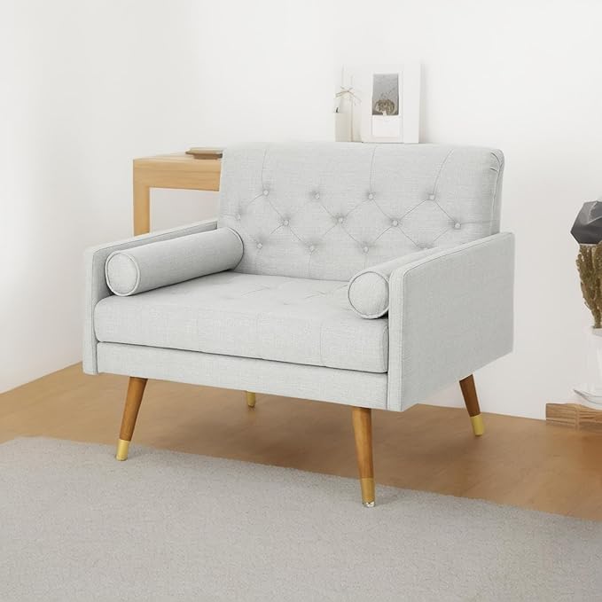 38 Comfy Chair and A Half with Button Tufted Backrest Round Armrest Pillows Mid Century Modern Oversized Accent Chair with Wood Legs for Living Room Bedroom or Small Spaces (Light Grey)