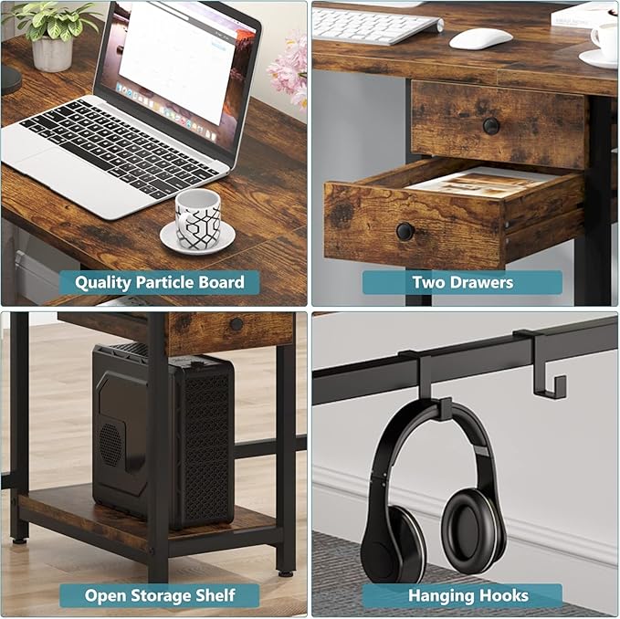 79 Inch Brown Two Person Desk with Drawers Extra Long Desk with Storage Shelves Double Home Office Desk with Hooks 2 Person Writing Study Table Workstation for Home Office