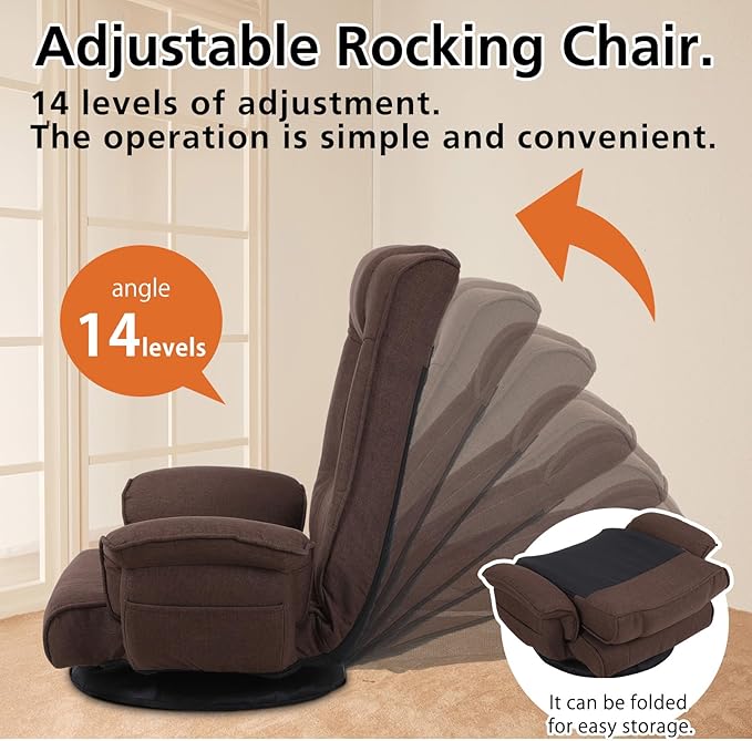 FLOGUOR 360 Degree Swivle Adjustable Floor Chair Chaise Lounge Indoor Folding Lazy Sofa with Armrests and Side Pocket Adults Gaming Chairs for Living Room Bedroom Factory Price 201 (CO)