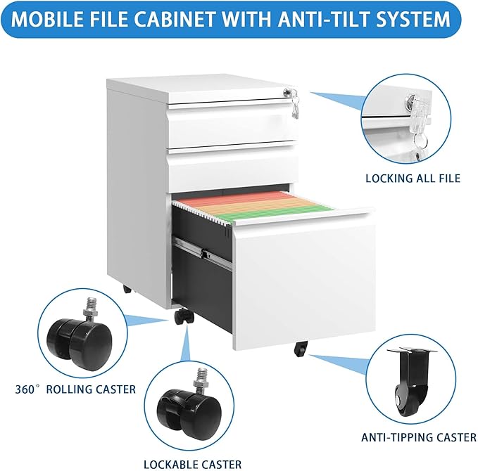 3 Drawer Mobile File Cabinet with LockMetal Filing Cabinets for Home Office Organizer Letters/Legal/A4Fully AssembledWhite