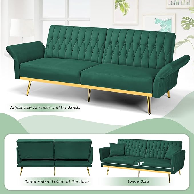70 Velvet Futon with Adjustable Backrest and Armrests Sofa Bed with Extra Pillows for Waiting Room Living Room and Office Green