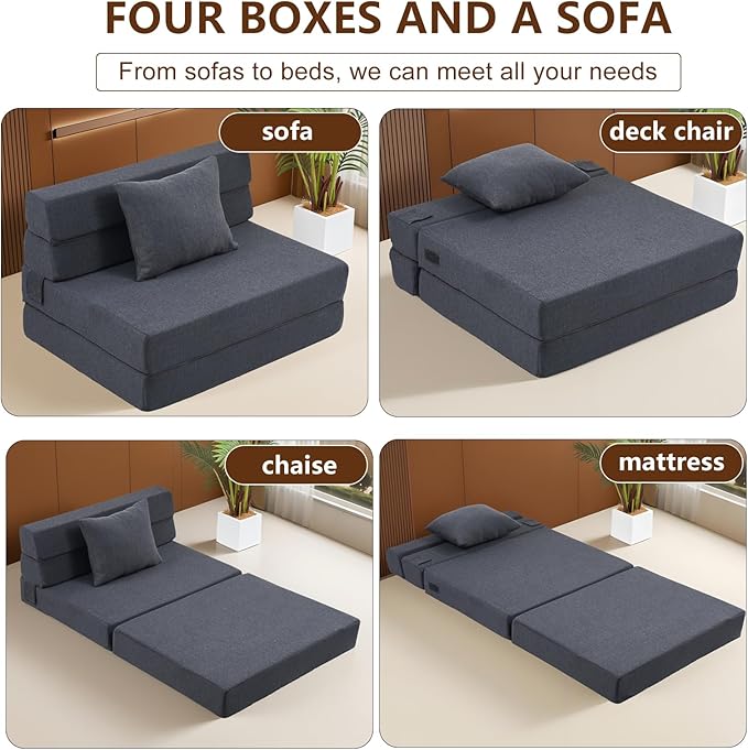 Convertible Folding Sofa Bed Sleeper Chair with Memory Foam &amp Pillow Multi-Functional Foldable Floor Mattress for Bedroom Living Room Dorm Office (Black)