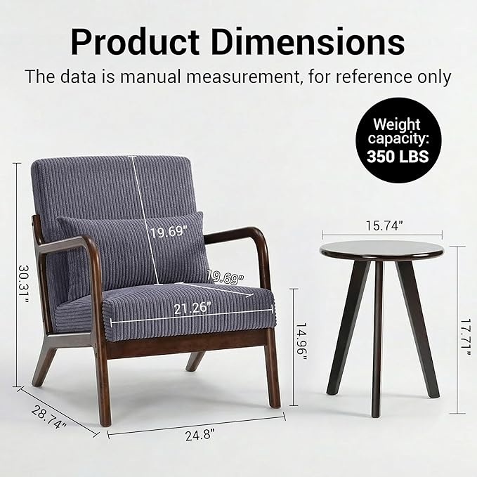 Accent Chair with Side Table Comfy Arm Chair with Solid Wood Frame Upholstered Mid-Century Modern Chair for Living Room Bedroom Waiting Room Dark Grey