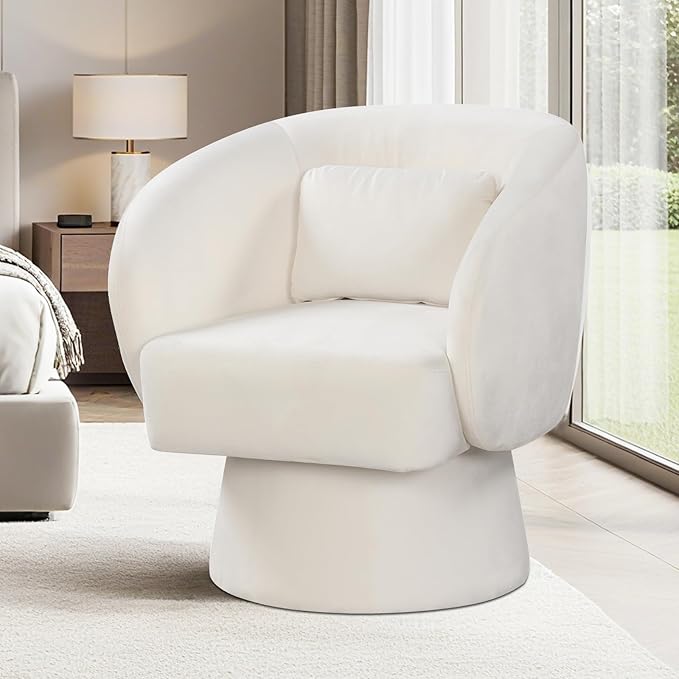 Giantex Swivel Accent Chair Upholstered Barrel Chair with Curved Back &amp Removable Lumbar Pillow Comfy Round Armchair with 360° Rotating Function Single Sofa Chair for Living Room