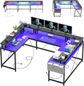U Shaped Desk with Power Outlets USB Ports &amp RGB LED Lights 79 Inch Large Corner Computer Desk with Monitor Stand Reversible Gaming Desk for Home Office Ergonomic Workstation (Black)