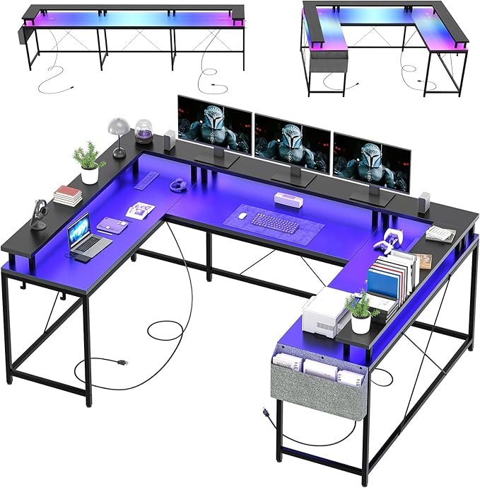 U Shaped Desk with Power Outlets USB Ports &amp RGB LED Lights 79 Inch Large Corner Computer Desk with Monitor Stand Reversible Gaming Desk for Home Office Ergonomic Workstation (Black)