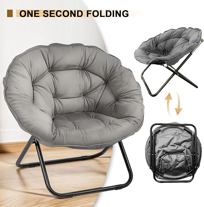 Folding Saucer Chair Lazy Moon Chair with Metal Frame Comfy Bedroom Chairs for Bedroom Living Room Study Grey JC