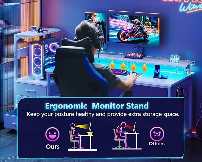 Casaottima 59 Inch Gaming Desk with USB Charging Ports &amp LED Light - Reversible Computer Desk with 3 Fabric Drawers Monitor Stand CPU Stand and Side Hook Modern Office Desk White