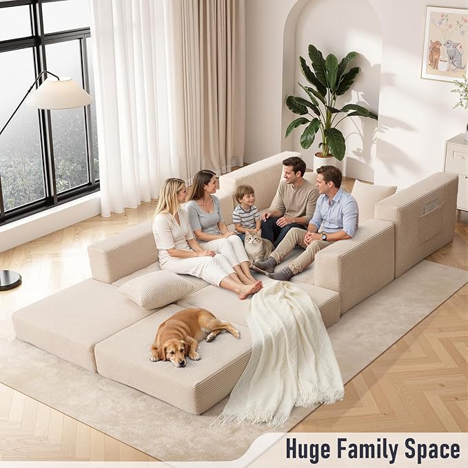 102 Upgraded L-shaped Modular Sectional Couches for Living Room Convertible Oversized Sleeper Sofa Bed-Luxury 1.5 Queen Bed. 11-in-1 Multifunctional Corduroy Boneless Folding Futon Couch Beige.