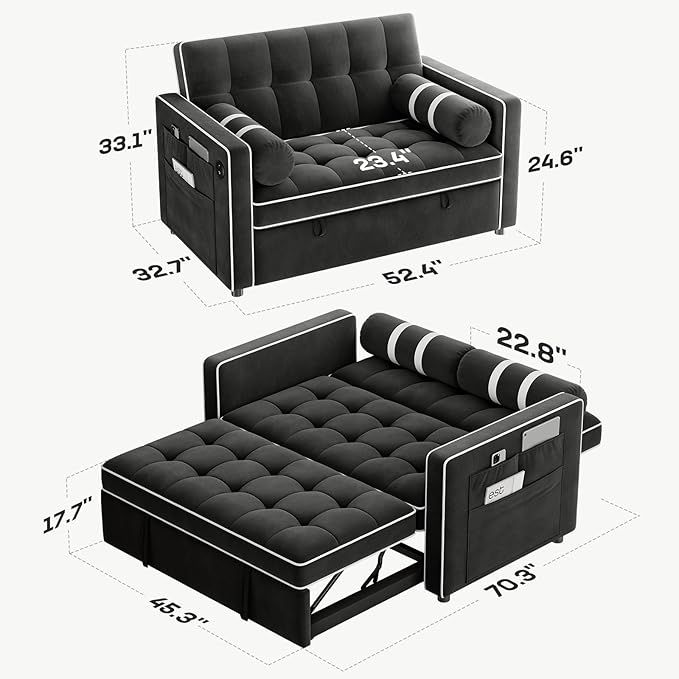 Marsail 3-in-1 Convertible Futon Sleeper Sofa Bed Pull Out Couch with Adjustable Backrest USB Charging &amp Side Pockets Velvet Fabric Sofa for Living Room Apartment Loveseat Black