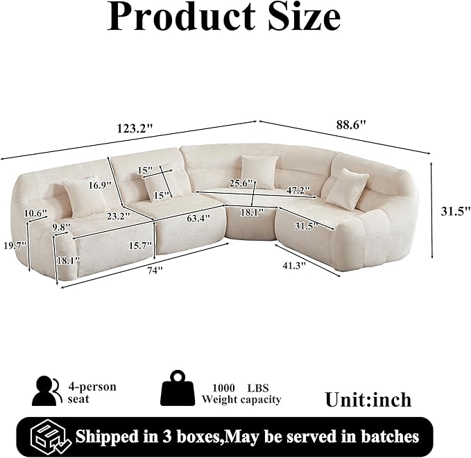 123 Oversized Boneless Chenille Curved Corner Sectional Sofa Modern Luxury 4 Pillows Modular Cloud 4-Seater Sofa High-Back Couch for Living Room (Beige)