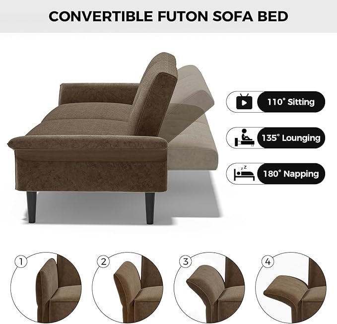 89” Futon Sofa Bed Comfy Futon Couch Bed with 2 Square Pillows Convertible Sleeper Sofa with Adjustable Backrest&amp Armrests Modern Loveseat Sleeper for Living RoomVelvet Fabric Brown