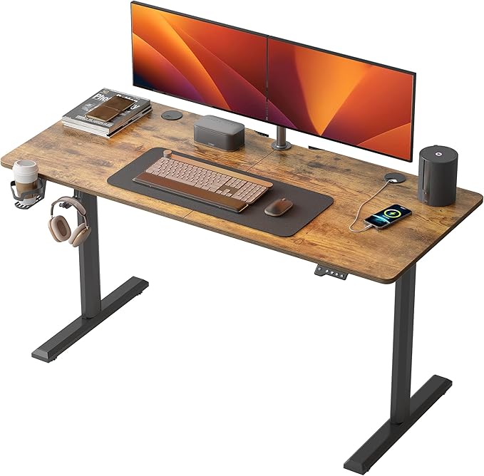 CubiCubi Height Adjustable Electric Standing Desk 55 x 24 Inches Stand Up Table Sit Stand Home Office Desk with Splice Board Rustic Brown Top