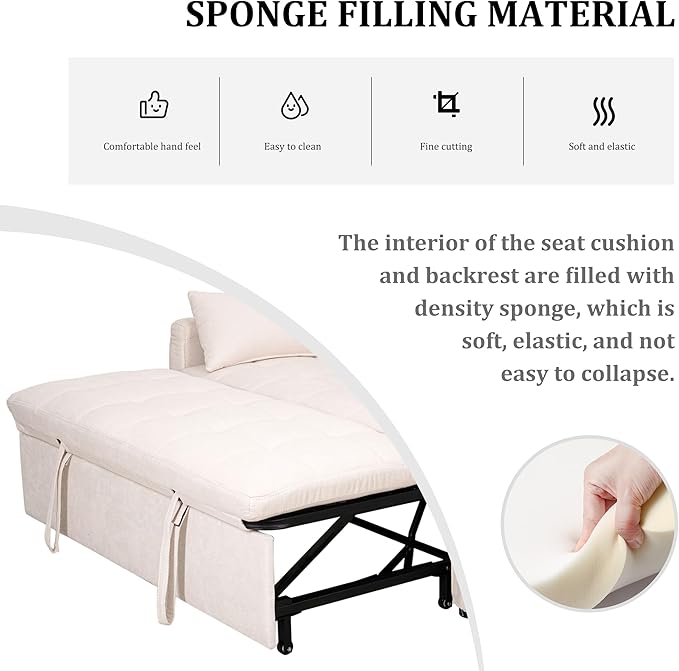 60 Pull Out Sofa Bed Linen Convertible Sleeper Couch Loveseat Chaise Lounge with Side Pockets Beige Pullout Futon Sofa Bed for Living Room Bedroom Small Spaces RV (Beige)