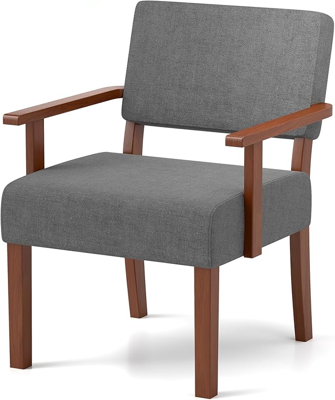 KOMFOTT Upholstered Accent Chair Mid-Century Modern Armchair with Rubber Wood Frame Linen Fabric Living Room Chair with Padded Seat &amp Backrest Comfy Reading Chair for Bedroom Waiting Room Gre