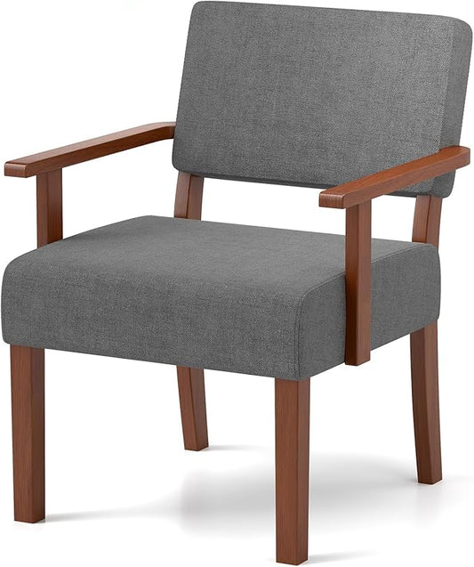 KOMFOTT Upholstered Accent Chair Mid-Century Modern Armchair with Rubber Wood Frame Linen Fabric Living Room Chair with Padded Seat &amp Backrest Comfy Reading Chair for Bedroom Waiting Room Gre